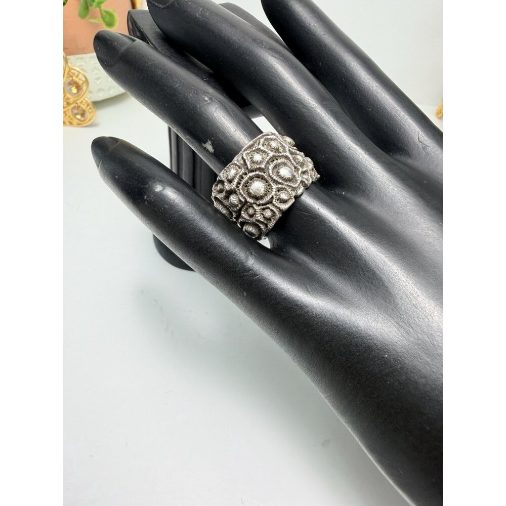 Vintage Sterling Silver Granulated Ring Art Nouveau Revival Statement Size 6.5